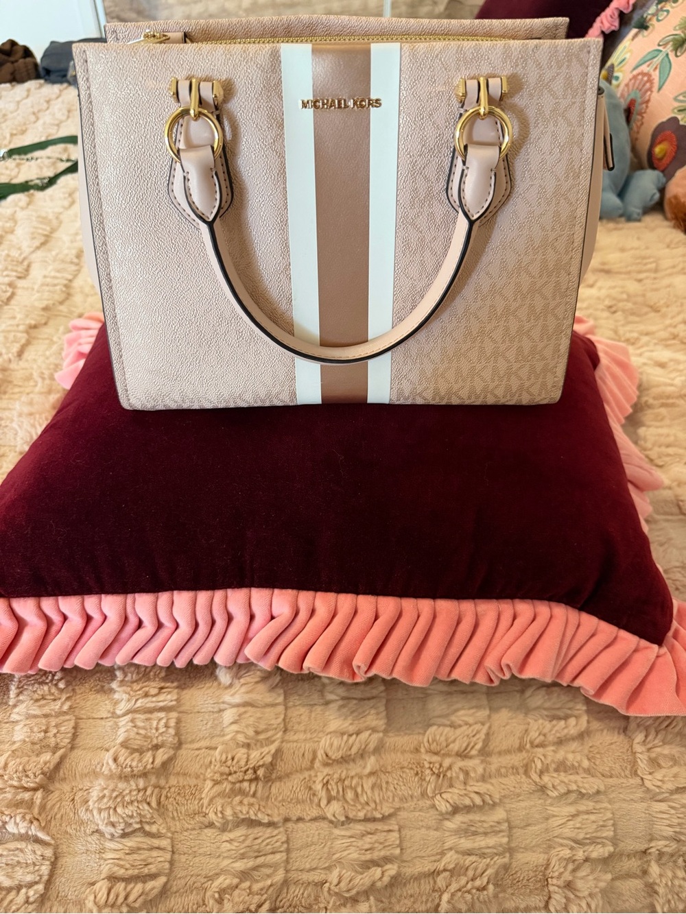 Michael Kors Pink and Tan Stripe Satchel